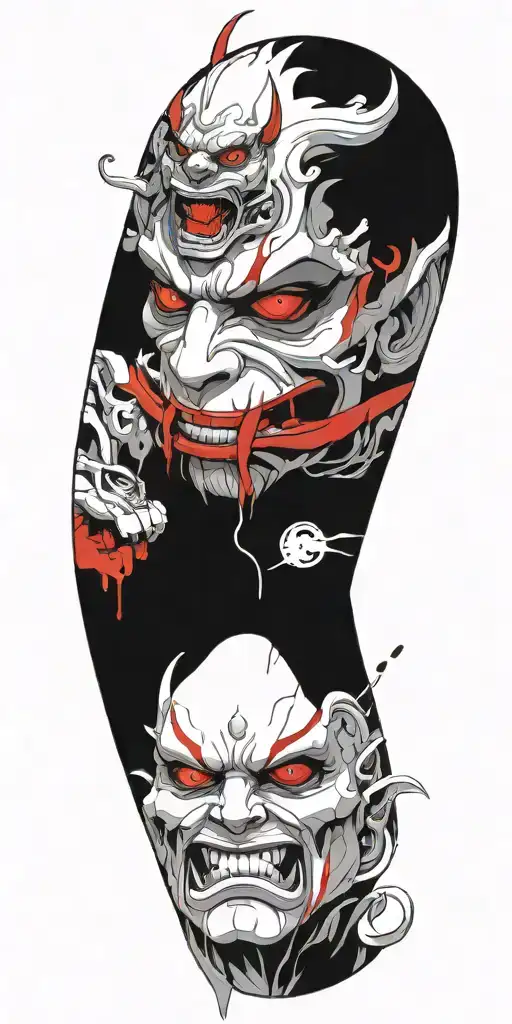 male anime character  oni mask fighting off inner demons with minimal black tattoo design idea