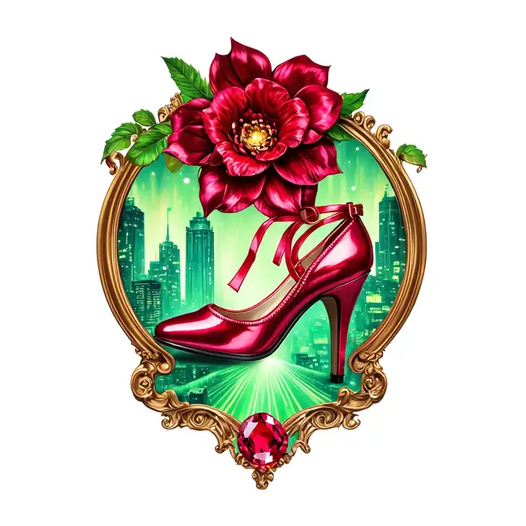 low heel ruby slippers with emerald city in background tattoo design idea