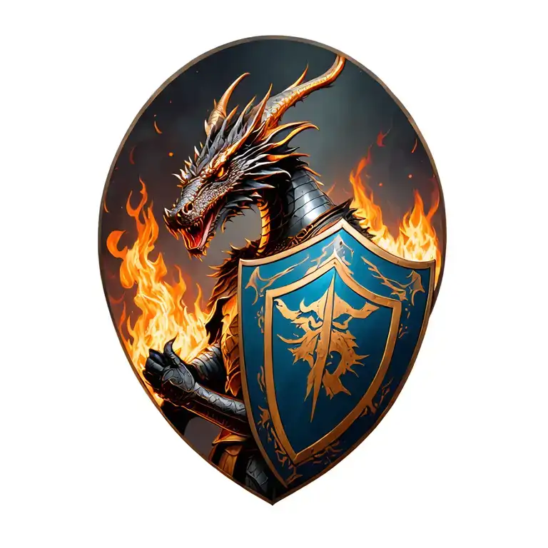 knight using shield to stop flames from fire breathing dragon tattoo design idea