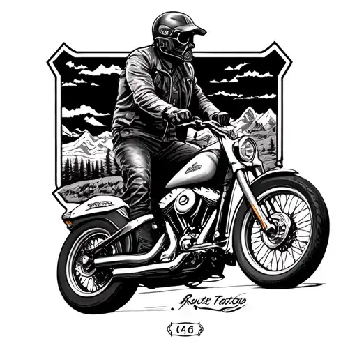 Biker in Harley Davidson and Route 66 landscape tattoo design idea