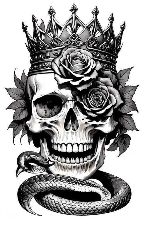 skull wearing thorned crown, has rose in between teeth, snake coming out of eye socket tattoo design idea