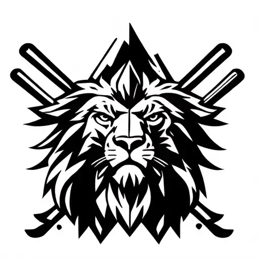 mountain peak with lion heraldry and ice hockey sticks tattoo design idea