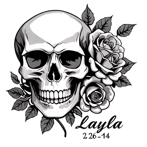 skull and roses with the name layla and the date 2-26-14 tattoo design idea