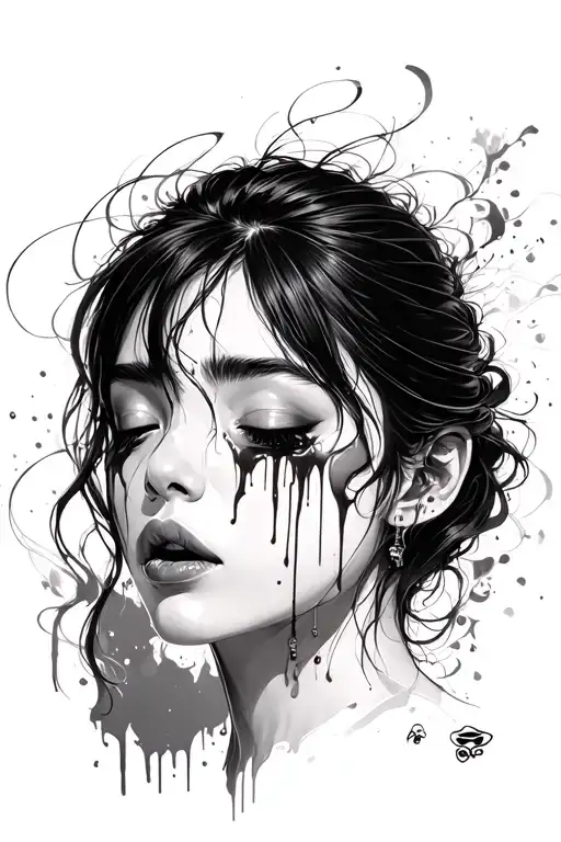 Asian woman crying blood tears tattoo design idea