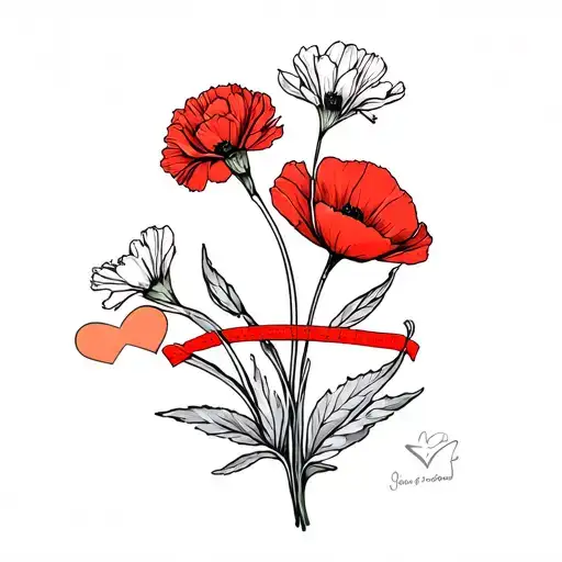 carnation, poppy, Narcissus flower tied together with a heart bandaid  tattoo design idea