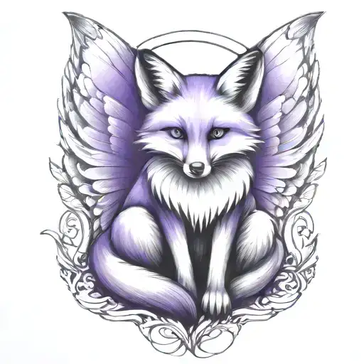 small fox sitting  with angel wings wrapped evenly with purple butterfly tattoo design idea