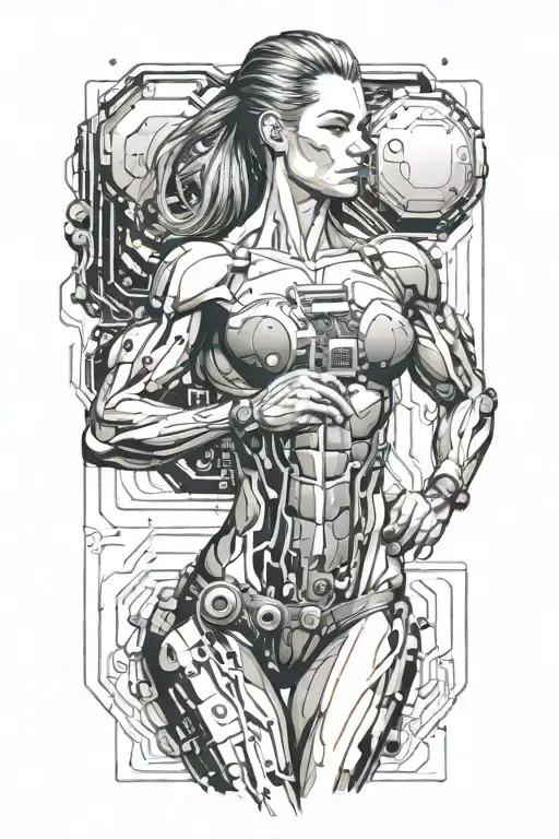 aesthetic bodybuilder muscular women with technology circuits vectors board merging tattoo design idea