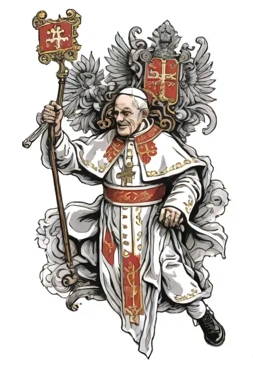 the pope john paul with the polish flag waving tattoo design idea