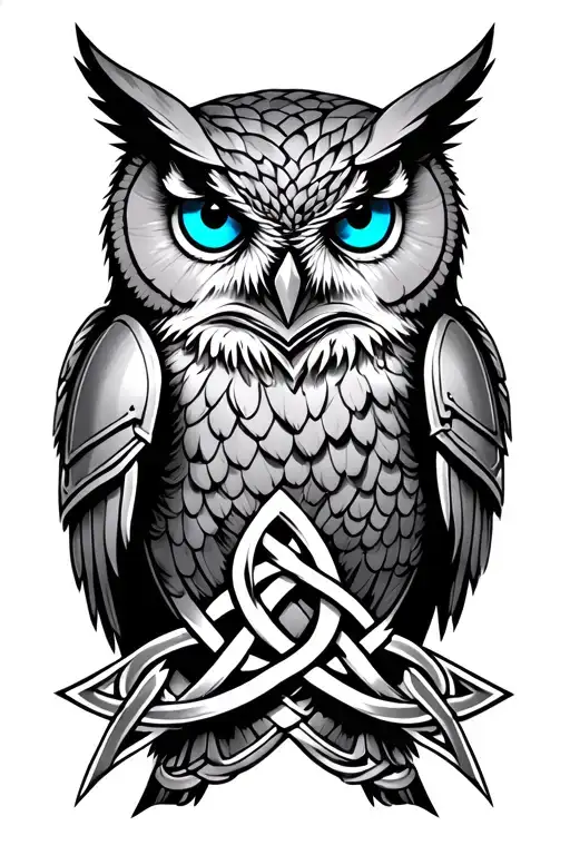 owl with blue eyes on armor tattoo design featuring Celtic trinity knot  tattoo design idea