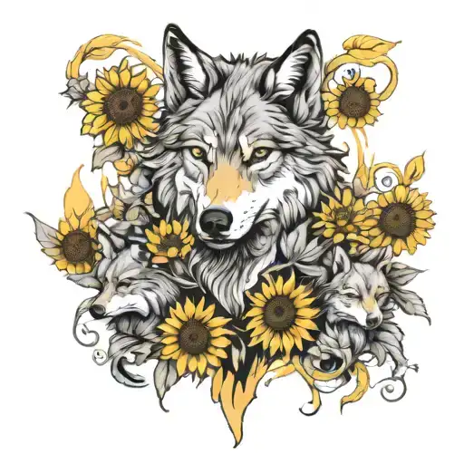 wolf and two babies with sunflowers tattoo design idea