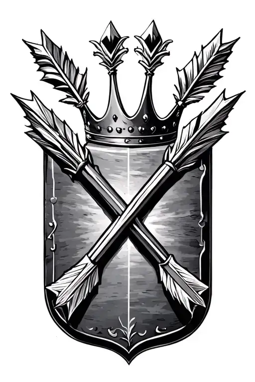 three realistic arrows in slight V formation pointing to a kingly crown. Art style is illustrative tattoo design idea