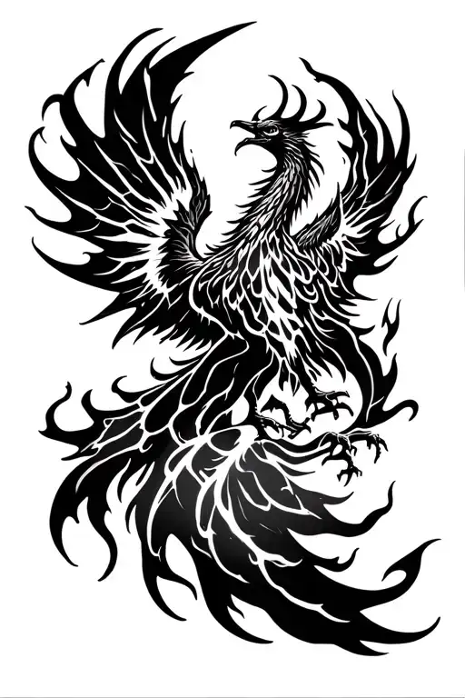 Phoenix rising from flames, with white lightning and negative space tattoo design idea