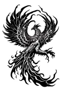 Phoenix rising from flames, with white lightning and negative space tattoo design idea