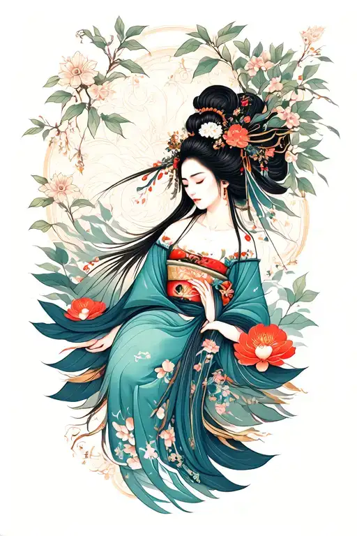 Nature goddess laying tattoo design idea