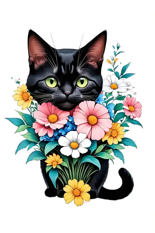 monmon cat with flowers inside daisy morning glory cosmos tattoo design idea