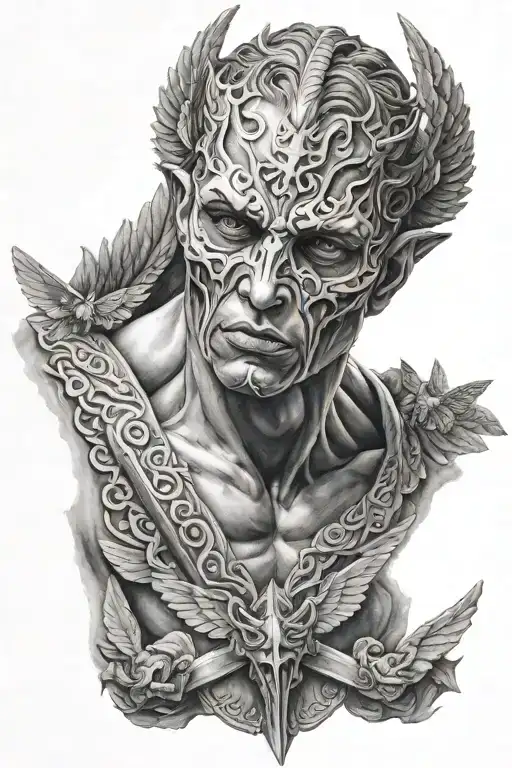 half masked face angel,male,hyperrealistic,blackandwhite,pit demon teared wings, holding cuting weapon,realism tattoo,3d tattoo design idea