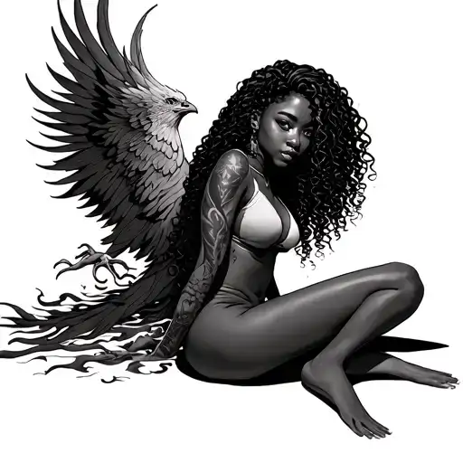 black girl with long curly hair sitting downn fiery  phoenix rising behind her tattoo design idea