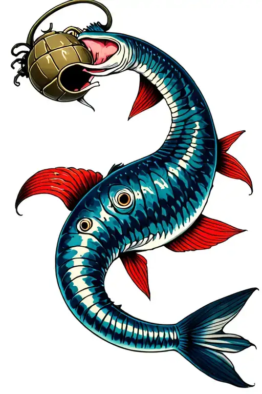 oarfish with a grenade in mouth wide open tattoo design idea