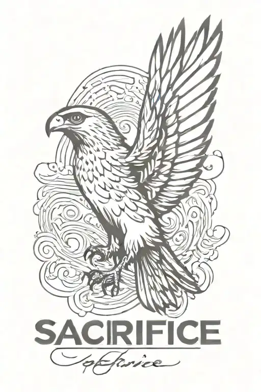 hawk spreading its wings spread wide with word "sacrifice" written  tattoo design idea
