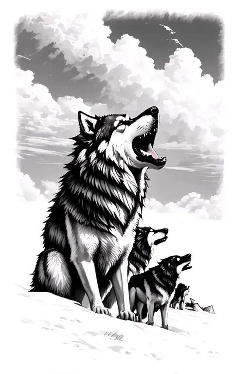 lone Wolf Howling to Sky with Wolf Pack looking down tattoo design idea
