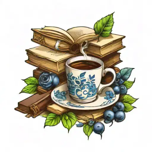 blueberries, coffee cup, books, perseverance incorporated tattoo design idea