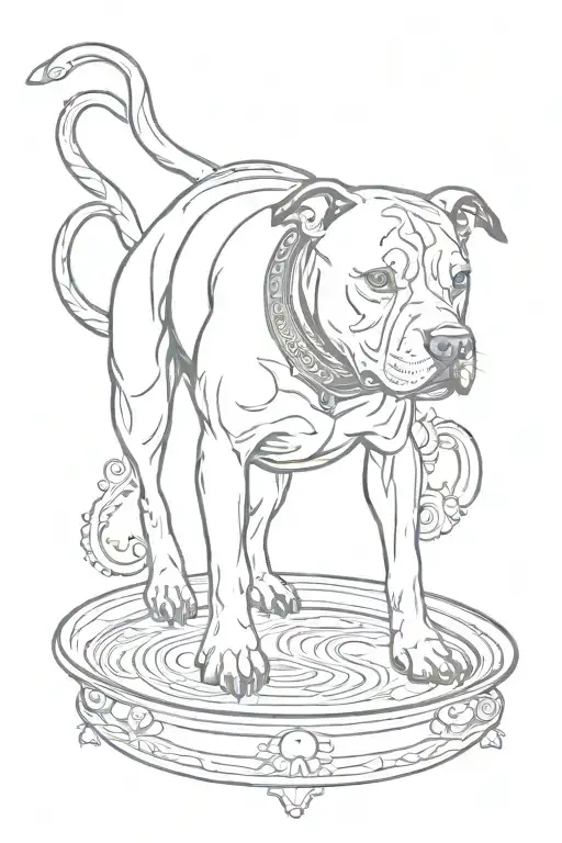 sitting pitbull balancing beer mug on its own  nose. full body, long tail, on dog is standing on her back legs tattoo design idea