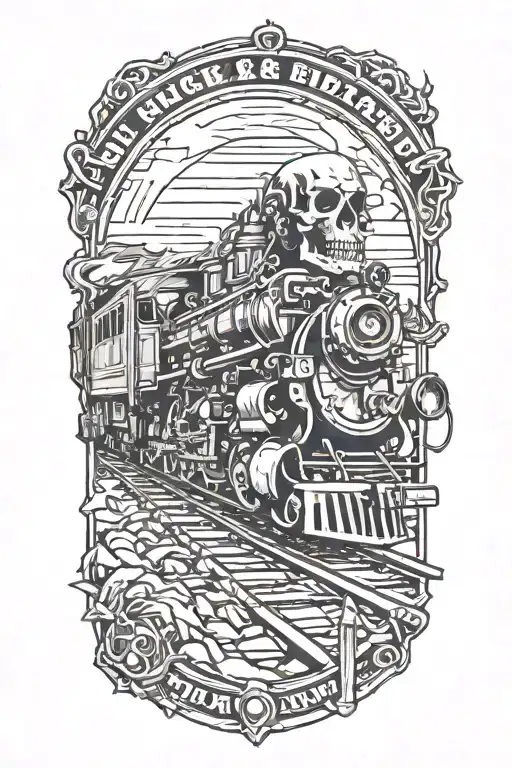 Railroad tracks circling the right side with grim reaper skull and high horsepower engines tattoo design idea