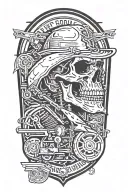 Railroad tracks circling the right side with grim reaper skull and high horsepower engines tattoo design idea