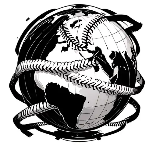 A globe with baseball seams wrapping around it, symbolizing the client's love for travel and baseball tattoo design idea