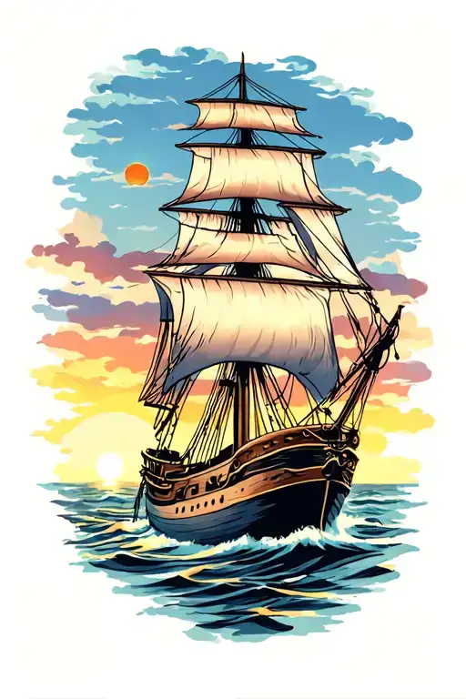 sunset sailing ship sailing tattoo design idea