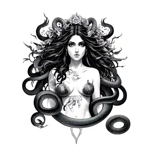 dark goddess litith depicted from mid shoulder, beautiful being, snakes around her body tattoo design idea