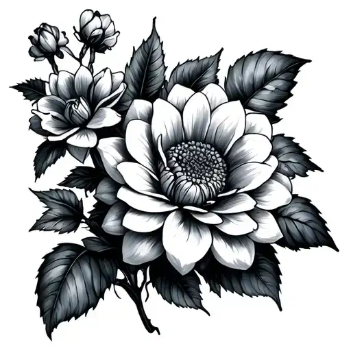 Forget Me Nots, dahlia, rose intertwined tattoo design idea