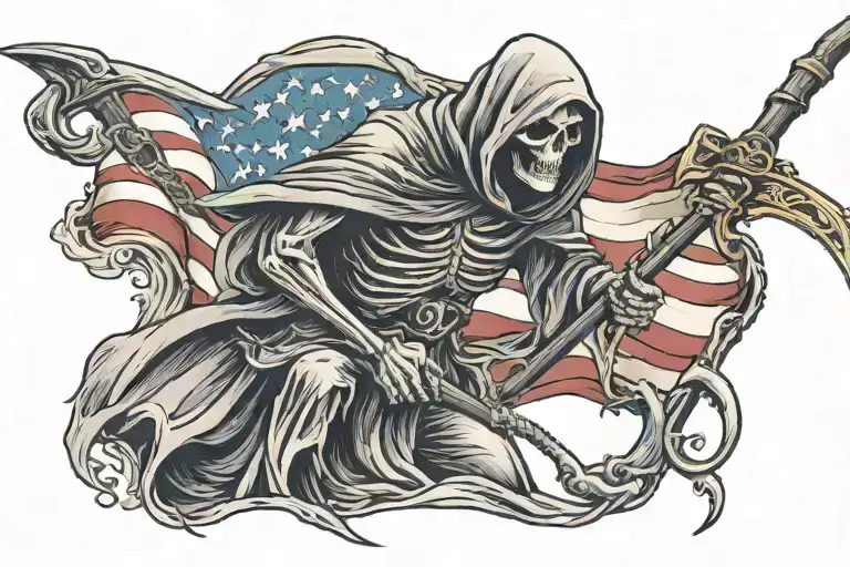 grim reaper holding a scythe with an American flag in the background. colorful, lots of detail  tattoo design idea