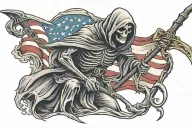 grim reaper holding a scythe with an American flag in the background. colorful, lots of detail  tattoo design idea