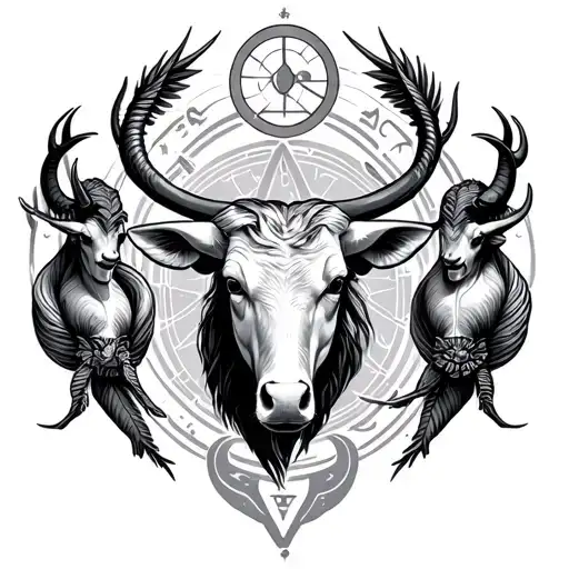 Sagittarius, Gemini, Cancer, and Capricorn surrounding a Taurus symbol tattoo design idea