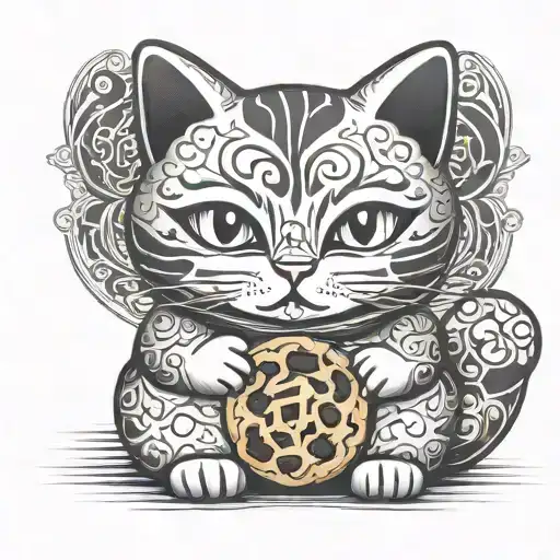 Lucky cat holding a cookie tattoo design idea