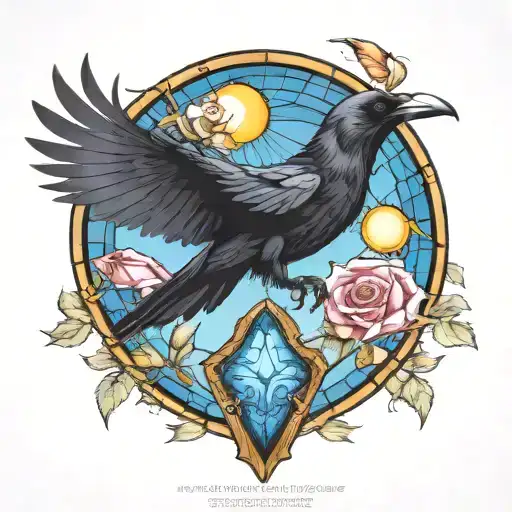 raven flying with a skull with blue stained glass window background and bright sun and bottom amanita and roses tattoo design idea