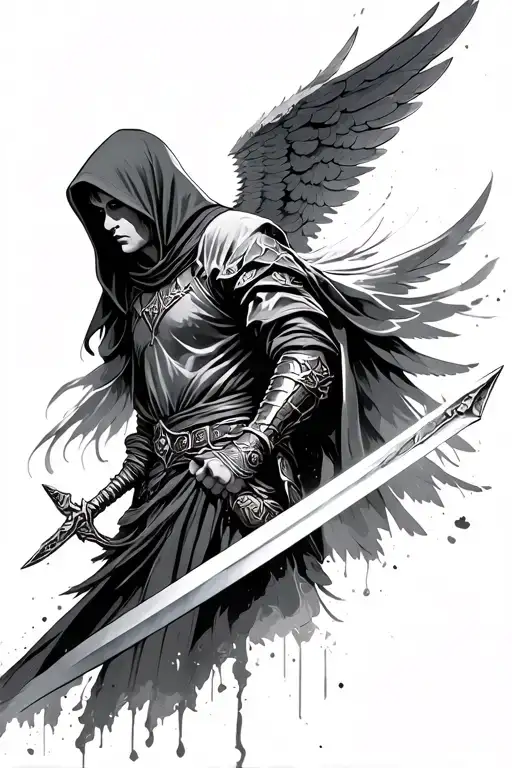 hooded angel warrior wielding a sword tattoo design idea