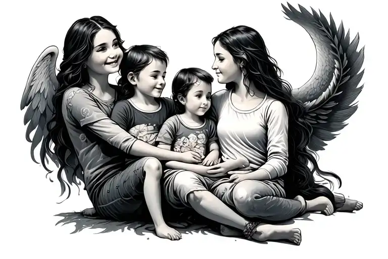 mom sitting with 2 daughter a son and a son with a halo tattoo design idea
