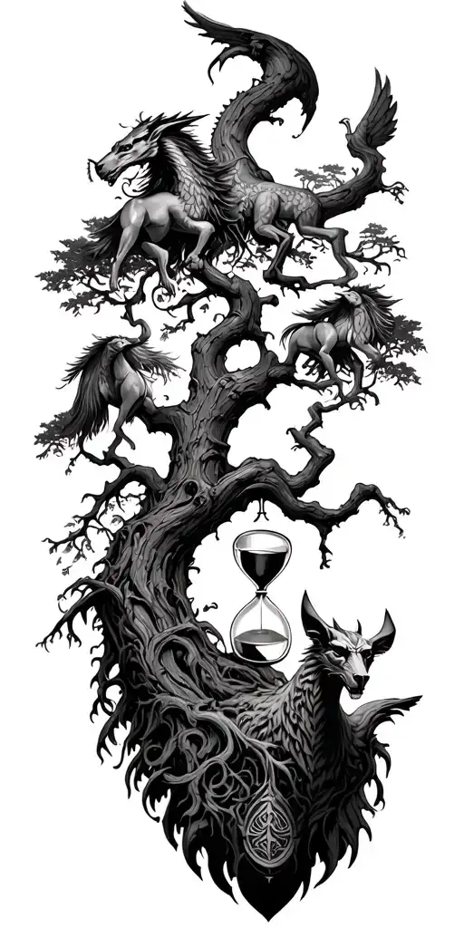 Yggdrasil tree, with hourglass and Anubis Odin Kali Cerberus a walker with wings tattoo design idea
