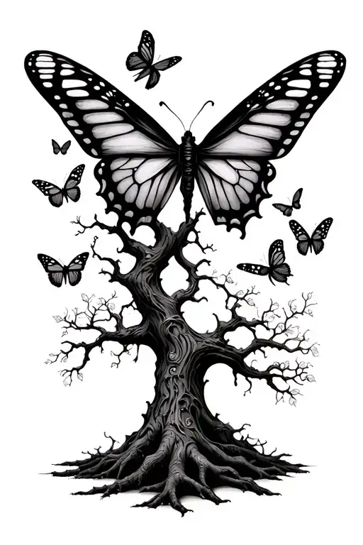 poison tree with butterflys flying tattoo design idea