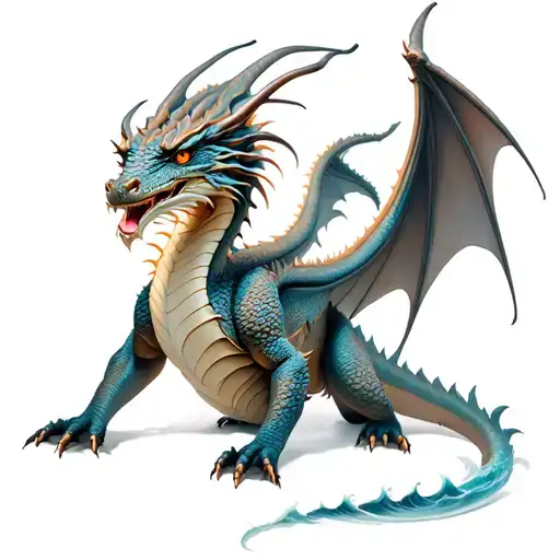 Hyper Realistic Dragon, full body view, Both Wings Open, Facing towards me, Background with mystic waves. tattoo design idea