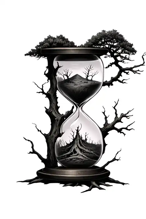 hourglass with live tree on top and dead tree on bottom tattoo design idea