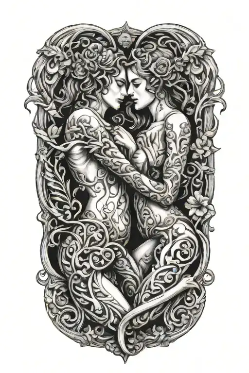 Two succubi making out, embracing. Sexual, erotic. tattoo design idea