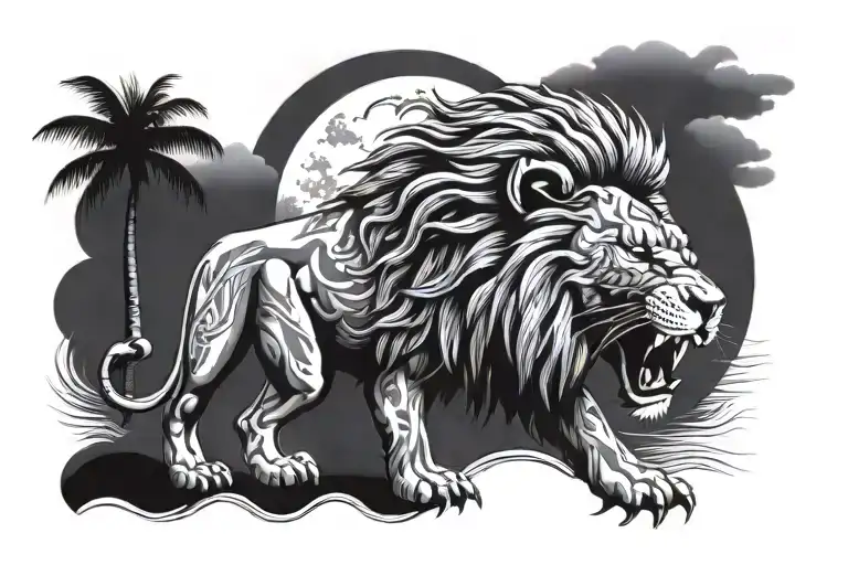 angry lion , palm trees , moon , sun rays , clouds tattoo design idea
