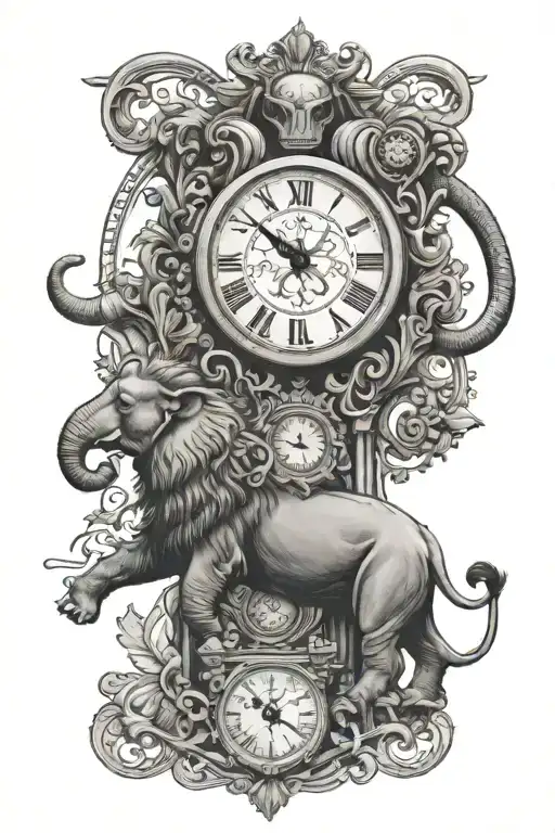 elephant & lion & clock tattoo design idea