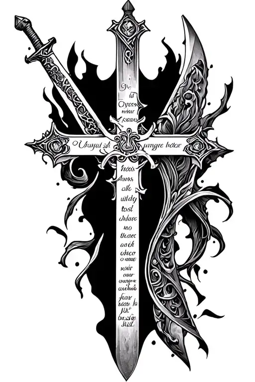 full back tattoo, cross in the center of the back in the shape of swords. in each corner of the cross a bible verse tattoo design idea