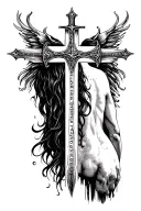 full back tattoo, cross in the center of the back in the shape of swords. in each corner of the cross a bible verse tattoo design idea