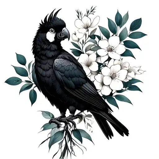 Black Fine Line Floral Bouquet Of Australian Eucalyptus Flowering Gum, and sulphur crested black cockatoo Tattoo tattoo design idea