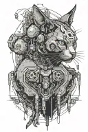 cyberpunk cat with integrated cybernetic implants reaching upward towards something  tattoo design idea